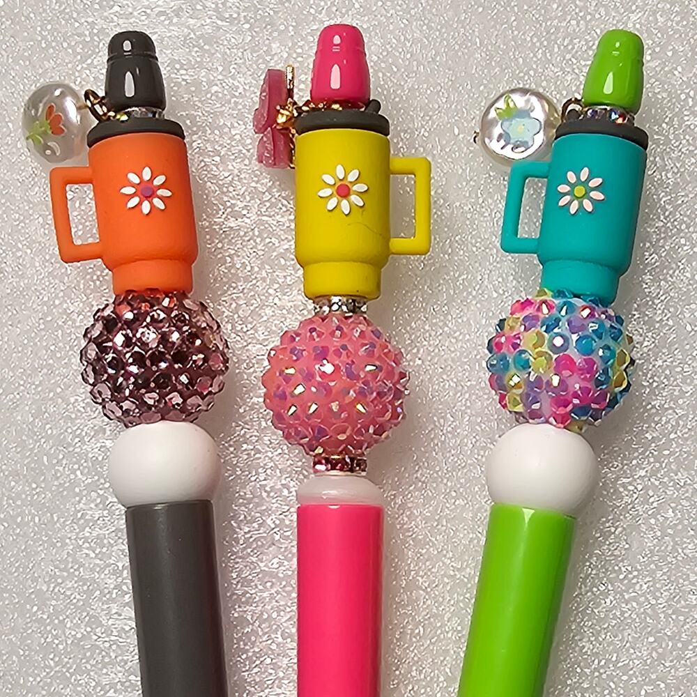 Straw Tumbler Travel Mug Beaded Ink Pen with Charm Silicone Focal Bead SET OF 3